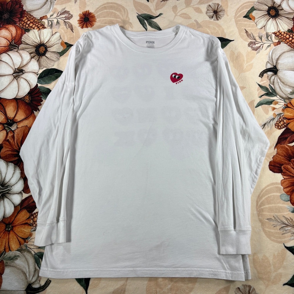Victoria's Secret PINK Heart Logo Long Sleeve T-Shirt Womens White Size Small